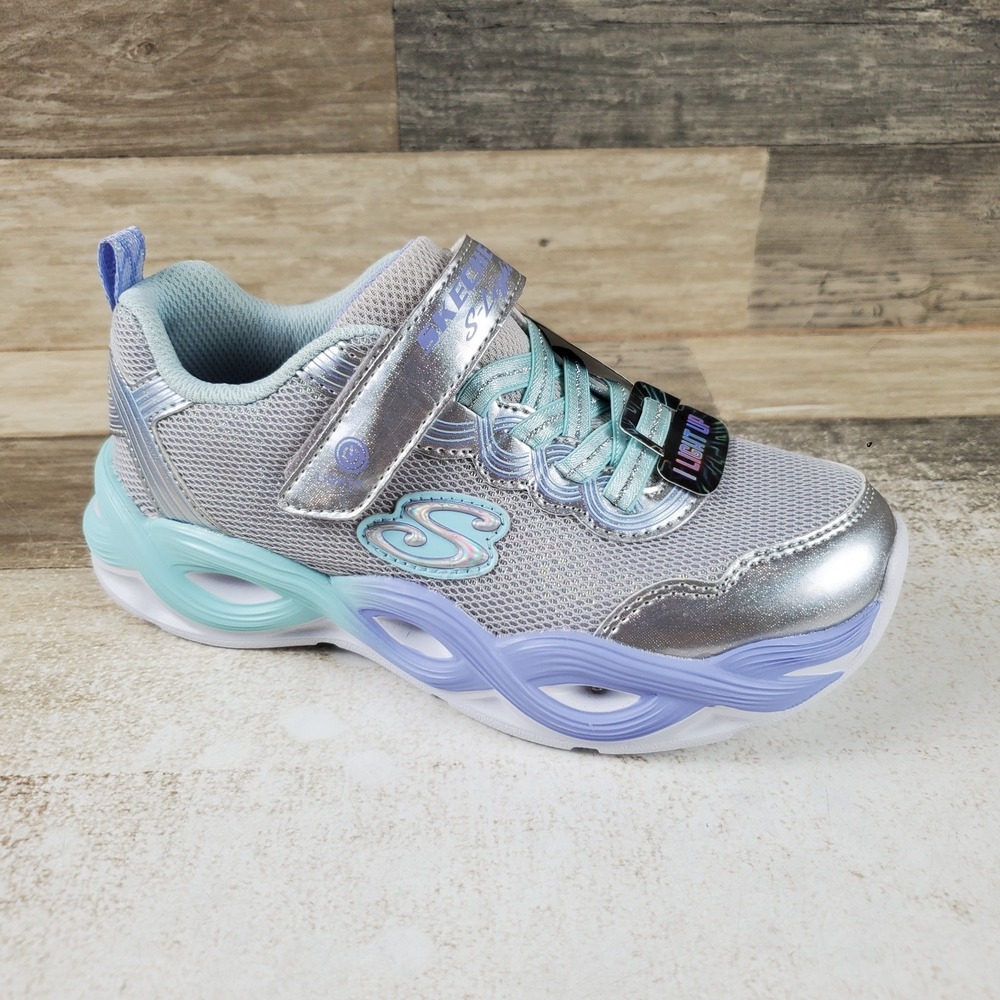 Skechers S-Lights Twisty Glow Trainers Girls Shoes Sz 13.5 Silver Mesh Sneakers